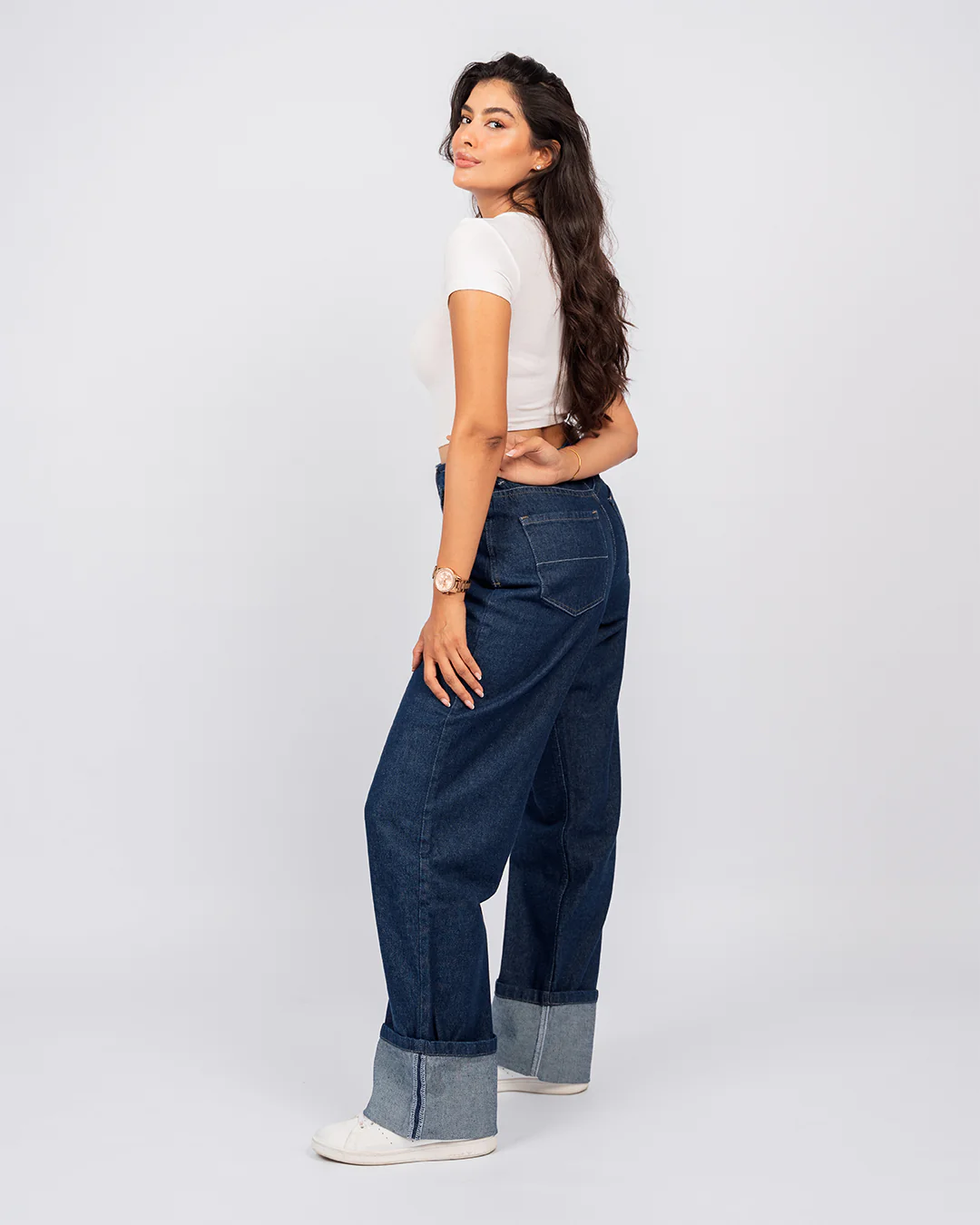 Jean Baggy Droit Taille Haute Délavé Avec Revers - Image 3